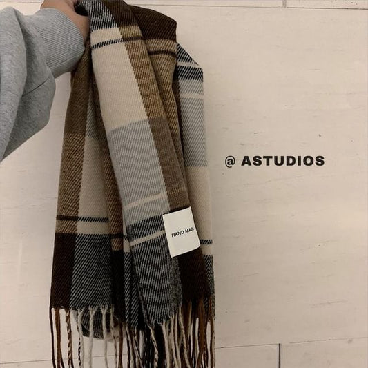 Plain Button Ribbed Knit Snood / Plaid Scarf