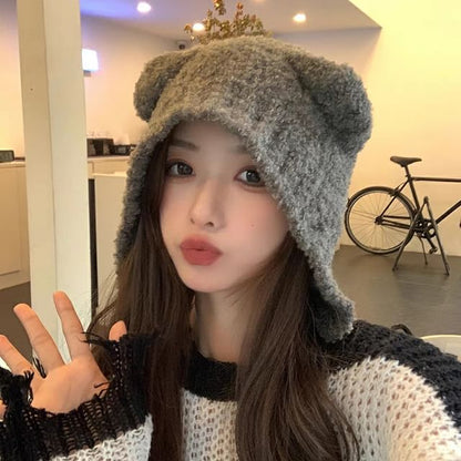 Contrast Trim Bucket Hat / Plain Ear Knit Hat