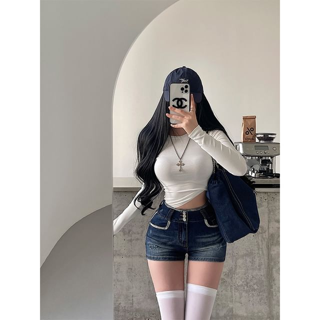 High waist Washed Distressed Denim Shorts