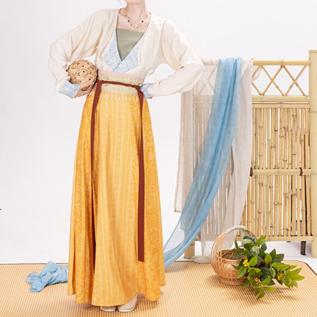 Long-Sleeve Hanfu Wrap Top / Camisole Top / Maxi A-Line Skirt / Set