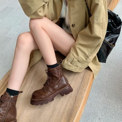 Leather Genuine Platform Short Boots Lace-Up Plain