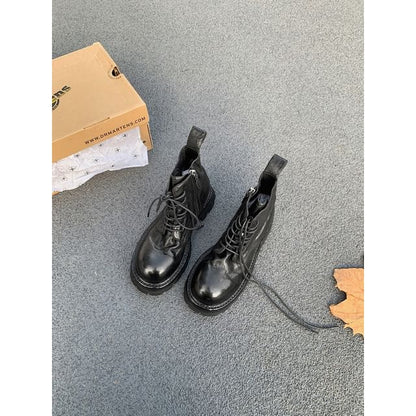 Leather Genuine Platform Short Boots Lace-Up Plain