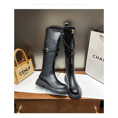 Leather Platform Zip-Up Tall Faux Boots Buckled Plain