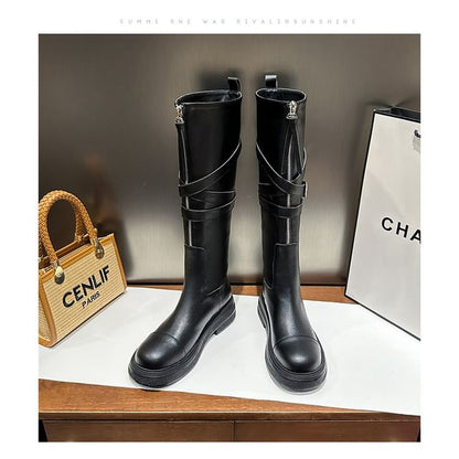 Leather Platform Zip-Up Tall Faux Boots Buckled Plain