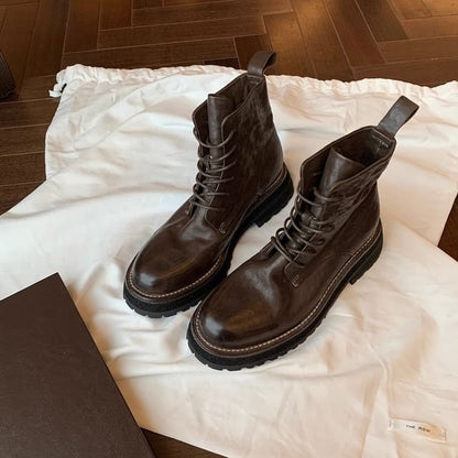 Platform Leather Boots Plain Genuine Short Lace-Up