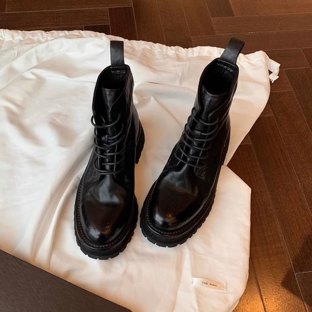 Platform Leather Boots Plain Genuine Short Lace-Up