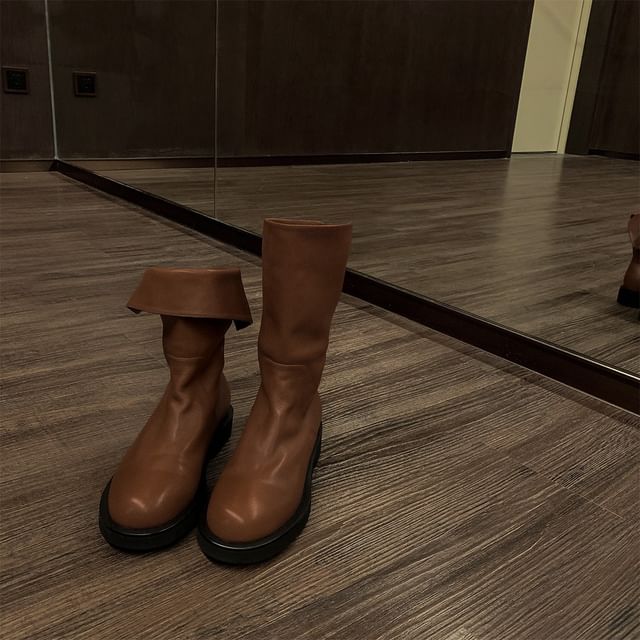 Platform Plain Genuine Boots Mid-Calf Leather