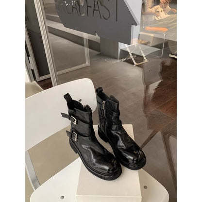 Genuine Leather Plain Platform Boots Short Buckled