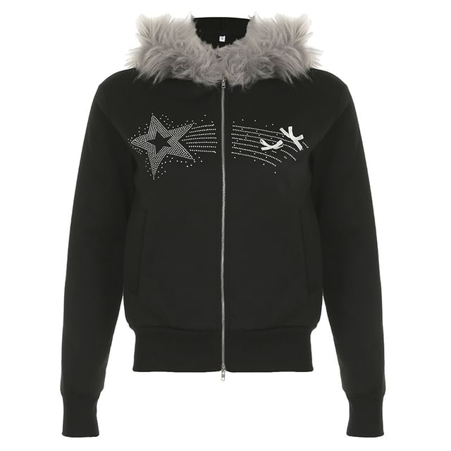 Long Sleeve Star Rhinestone Furry-Trim Hooded Zip-Up Jacket