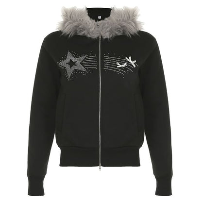 Long Sleeve Star Rhinestone Furry-Trim Hooded Zip-Up Jacket