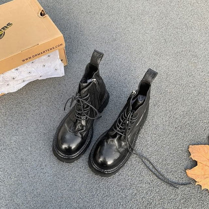 Leather Genuine Platform Short Boots Lace-Up Plain