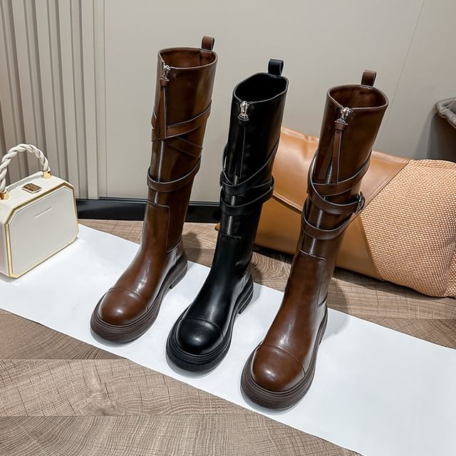 Leather Platform Zip-Up Tall Faux Boots Buckled Plain