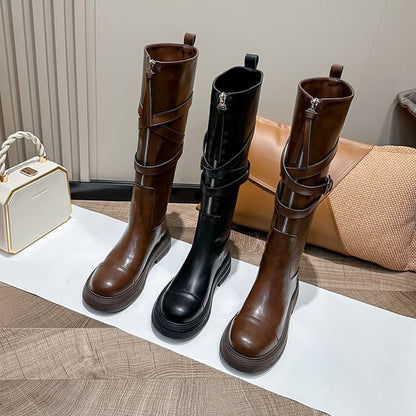 Leather Platform Zip-Up Tall Faux Boots Buckled Plain