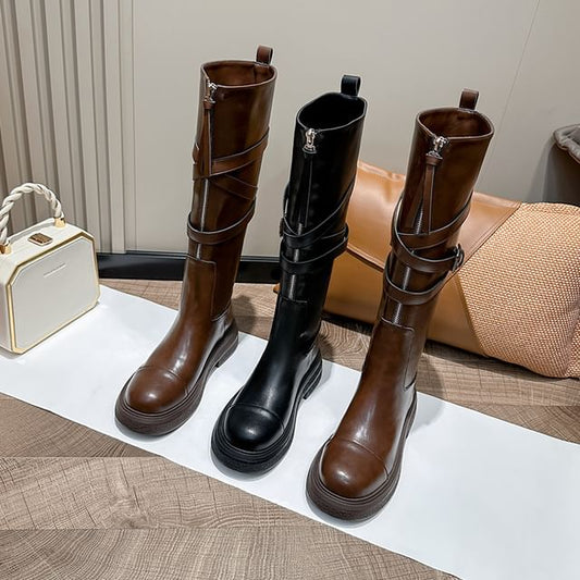 Leather Platform Zip-Up Tall Faux Boots Buckled Plain