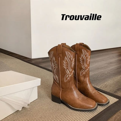 Cowboy Faux Embroidered Leather Chunky Boots Heel Mid-Calf