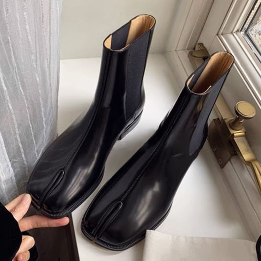 Chunky Heel Split Toe Plain Genuine Leather Short Chelsea Boots