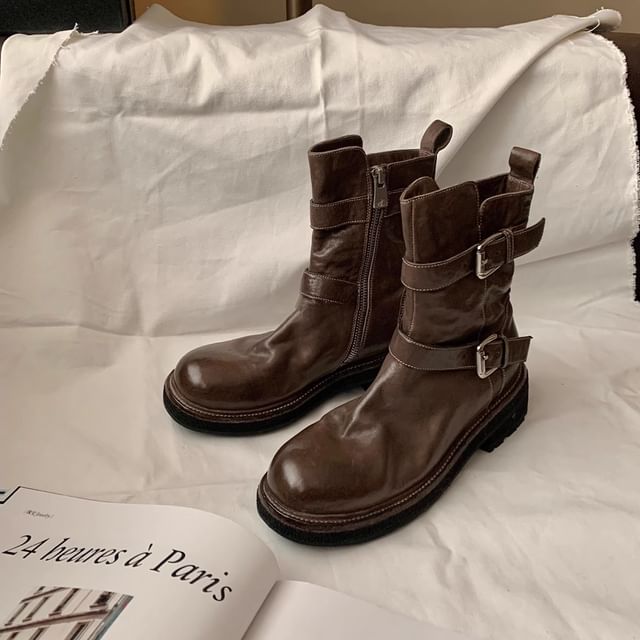 Genuine Leather Plain Platform Boots Short Buckled