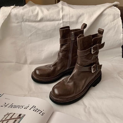 Genuine Leather Plain Platform Boots Short Buckled