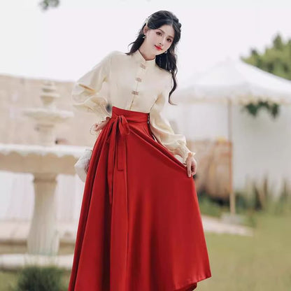 Long-Sleeve Mandarin Collar Blouse / High Rise Sashed Midi A-Line Skirt / Set