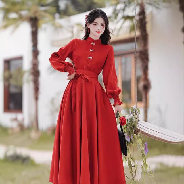Long-Sleeve Mandarin Collar Blouse / High Waist Sashed Midi A-Line Skirt / Set