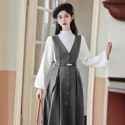 Set: Long-Sleeve Mock Neck Plain Ribbed Knit Top + V-Neck Button Front Midi A-Line Jumper Dress + Belt
