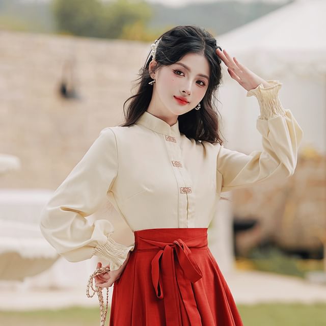 Long-Sleeve Mandarin Collar Blouse / High Rise Sashed Midi A-Line Skirt / Set