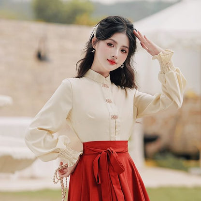 Long-Sleeve Mandarin Collar Blouse / High Rise Sashed Midi A-Line Skirt / Set