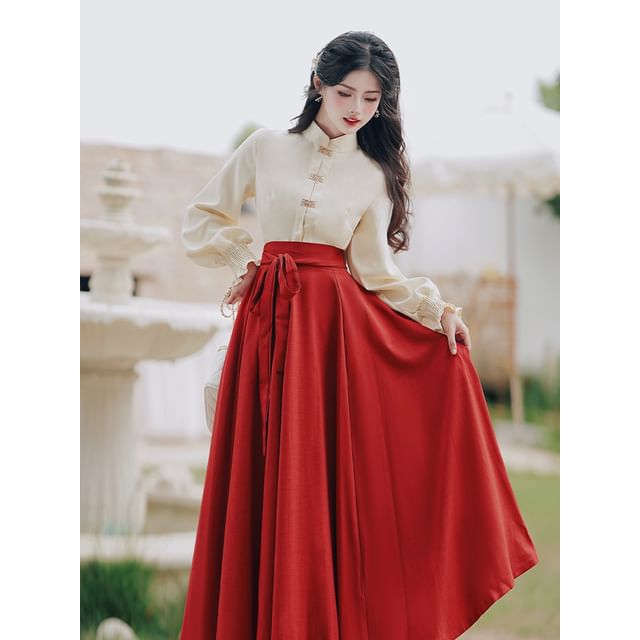 Long-Sleeve Mandarin Collar Blouse / High Rise Sashed Midi A-Line Skirt / Set