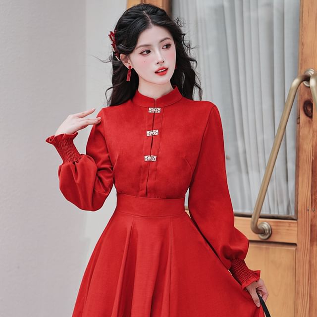 Long-Sleeve Mandarin Collar Blouse / High Waist Sashed Midi A-Line Skirt / Set
