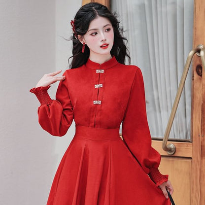 Long-Sleeve Mandarin Collar Blouse / High Waist Sashed Midi A-Line Skirt / Set