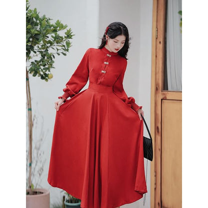 Long-Sleeve Mandarin Collar Blouse / High Waist Sashed Midi A-Line Skirt / Set