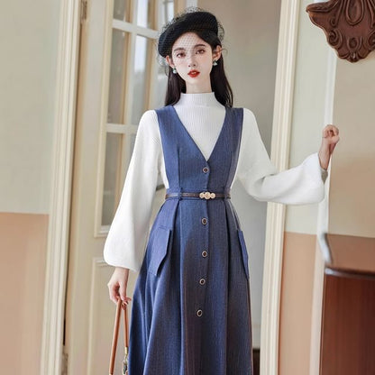 Set: Long-Sleeve Mock Neck Plain Ribbed Knit Top + V-Neck Button Front Midi A-Line Jumper Dress + Belt