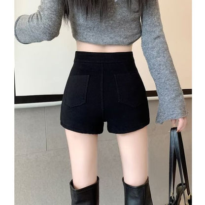 High Waist Plain Fleece-Lined Denim Shorts