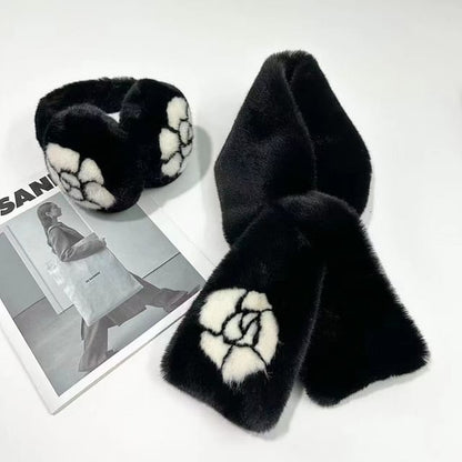 Floral Fluffy Ear Muffs / Scarf / Bow Print Ear Muffs / Scarf / Set