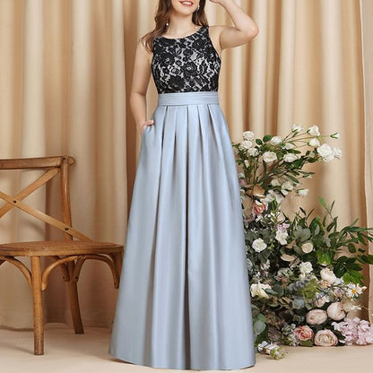 Open Evening Gown Pleated Panel Crew A-Line Back Lace Sleeveless Neck
