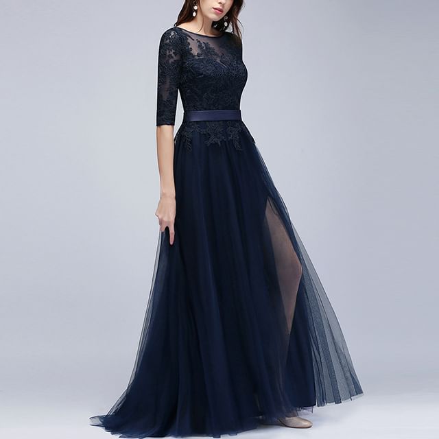 Floral 3/4-Sleeve Boat Mesh Back Gown Evening A-Line Open Embroidered Neck