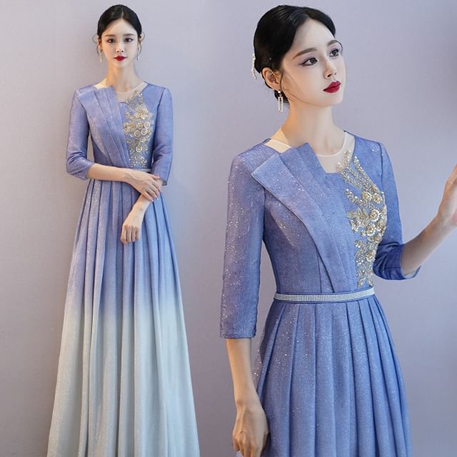 Gown Gradient A-Line Neck Pleated Evening Sequin Crew 3/4-Sleeve