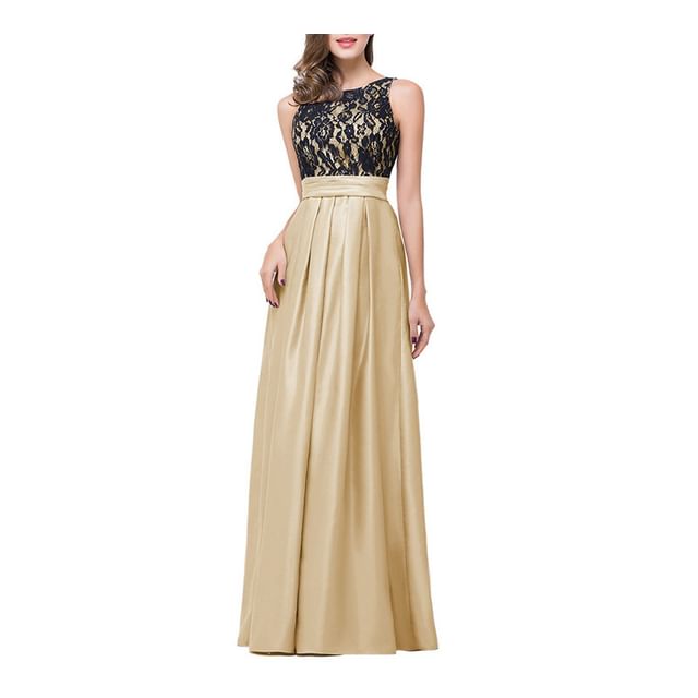 Open Evening Gown Pleated Panel Crew A-Line Back Lace Sleeveless Neck