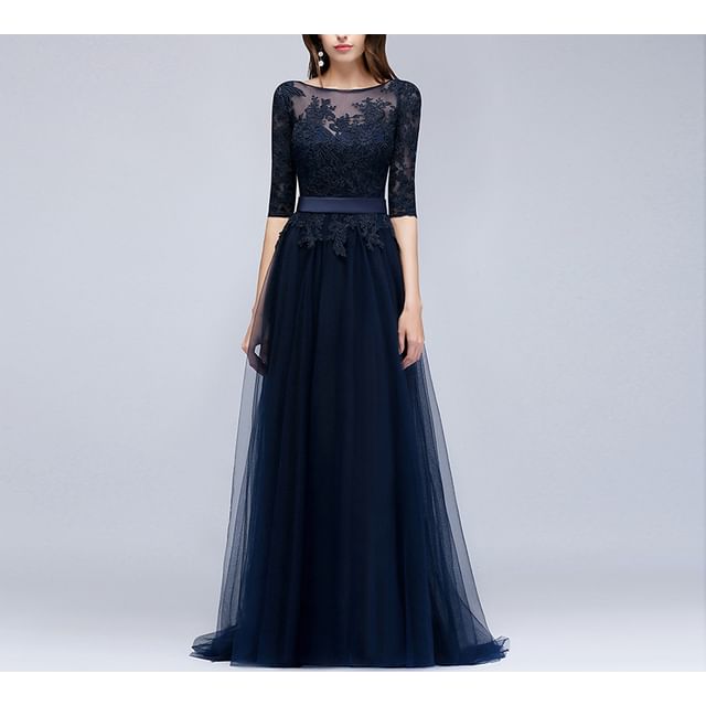 Floral 3/4-Sleeve Boat Mesh Back Gown Evening A-Line Open Embroidered Neck