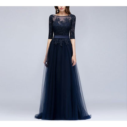 Floral 3/4-Sleeve Boat Mesh Back Gown Evening A-Line Open Embroidered Neck