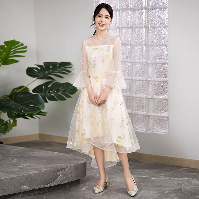 Long-Sleeve Crew Neck Floral Embroidered Mesh High Low A-Line Cocktail Dress