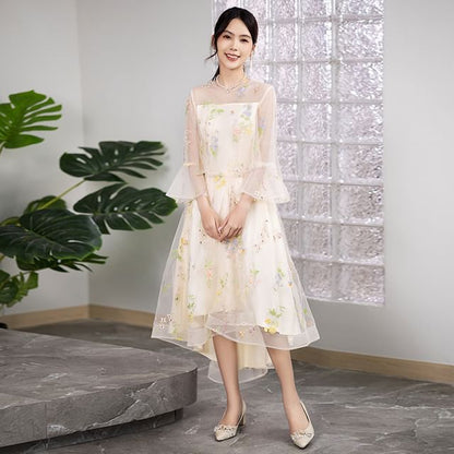 Long-Sleeve Crew Neck Floral Embroidered Mesh High Low A-Line Cocktail Dress