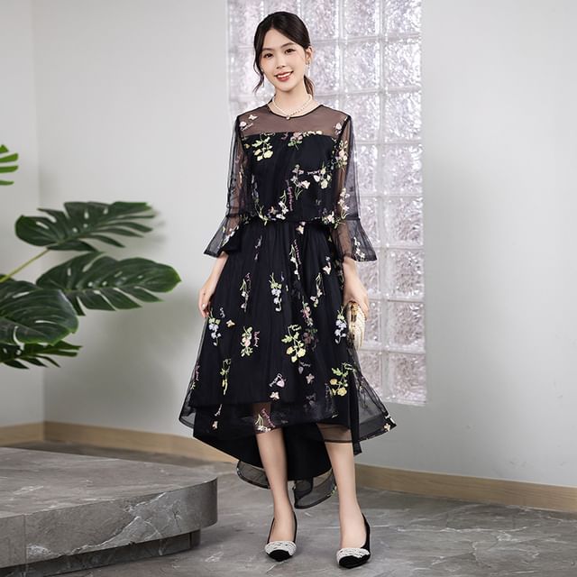 Long-Sleeve Crew Neck Floral Embroidered Mesh High Low A-Line Cocktail Dress