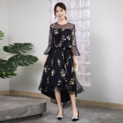 Long-Sleeve Crew Neck Floral Embroidered Mesh High Low A-Line Cocktail Dress