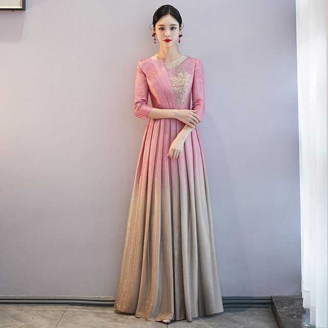 Gown Gradient A-Line Neck Pleated Evening Sequin Crew 3/4-Sleeve