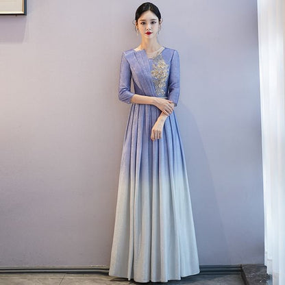 Gown Gradient A-Line Neck Pleated Evening Sequin Crew 3/4-Sleeve