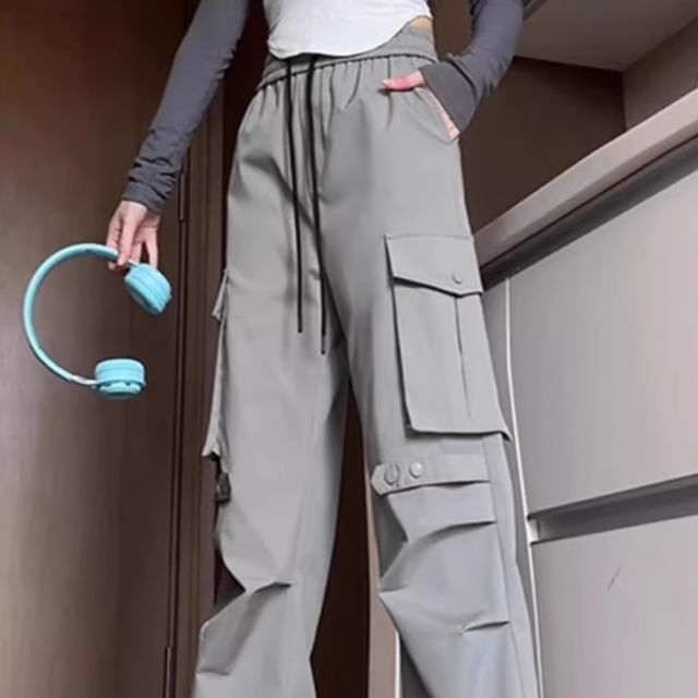 Drawstring Waist Plain Loose Fit Cargo Pants