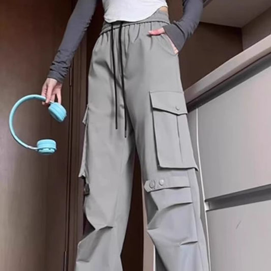 Drawstring Waist Plain Loose Fit Cargo Pants