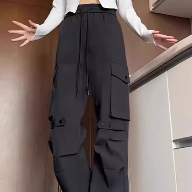 Drawstring Waist Plain Loose Fit Cargo Pants