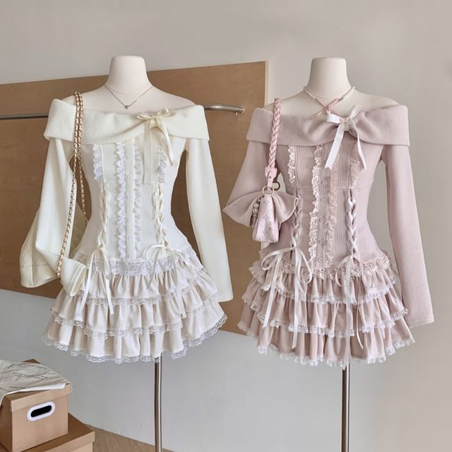 Set: Long Sleeve Off Shoulder Plain Bow Ruffle Lace Up Top + High Waist Tiered Mini A-Line Skirt